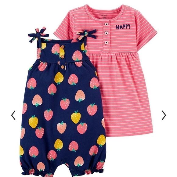 NWT 3 Piece Carter’s Dress and Fruit Romper Combo - Picture 1 of 2